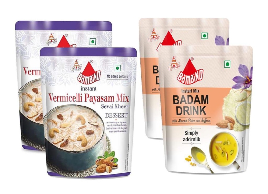 Bambino Combo Instant Mix''s of Badam Drink Mix 200 Gms X Pack of 2 (400 Gms) I Vermicelli Payasam Mix 180 Gms X Pack of 2 (360 Gms)