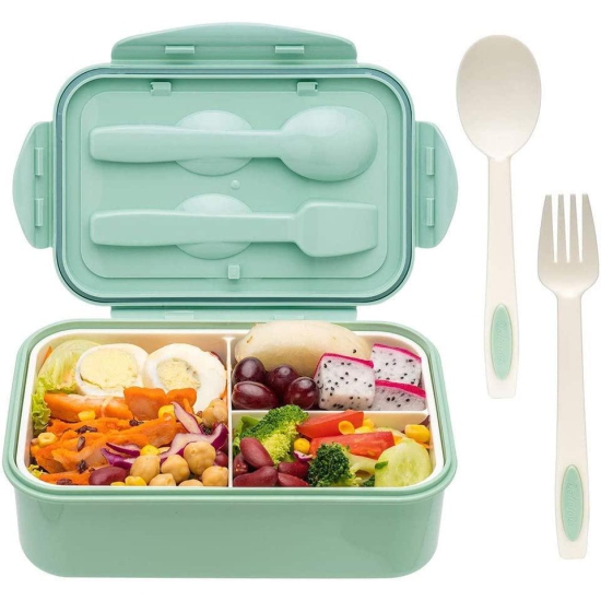 Entisia 1400ml Microwavable Bento Lunch Box - 1 Pcs Single-Layer Leakproof Food Container with Spoon, 3 Compartment Portable Sealed Bento Tiffin Box for Adults, Kids, Home, School