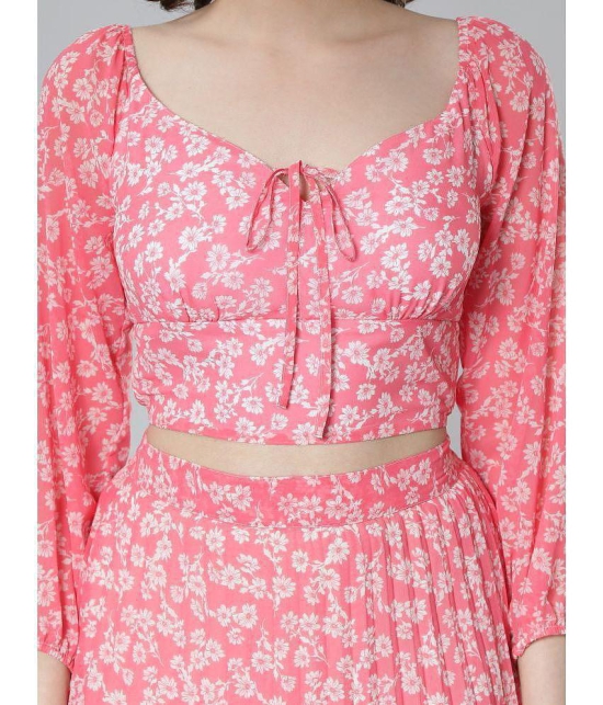 Pink Floral Printed Balloon Sleeves Top & Pleated Skirt Co-ord Set - None