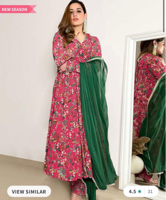 Floral Printed Anarkali With Trousers & Dupatta-XXL