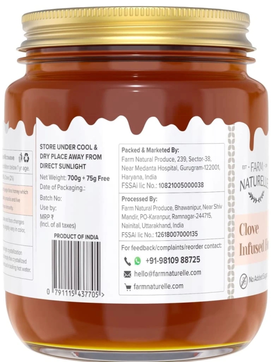 Farm Naturelle Healthy Clove Infused Honey 700g + 75g Extra |100% Pure Honey| Raw & Unfiltered|Unprocessed|Lab Tested Honey In Glass Jar with Engraved Virgin Wooden Spoon