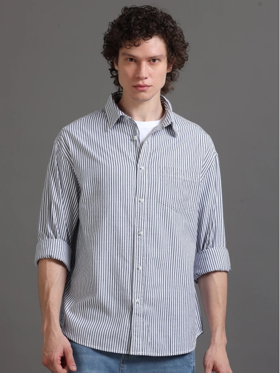 Premium Men Shirt, Relaxed Fit, Yarn Dyed Stripes, Pure Cotton, Full Sleeve, White-L / White