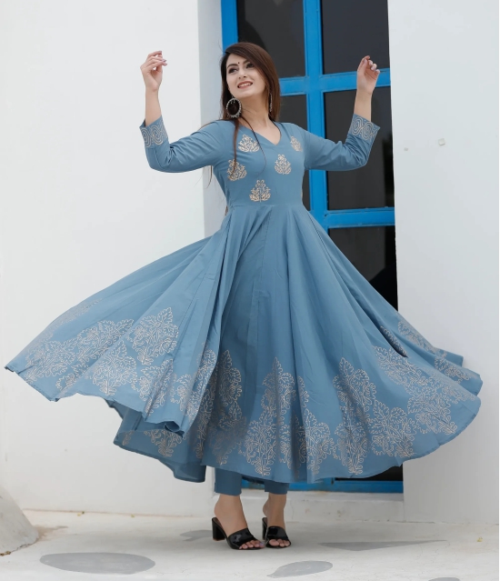 Steel Blue Hand Block Printed Anarkali Set Blue M