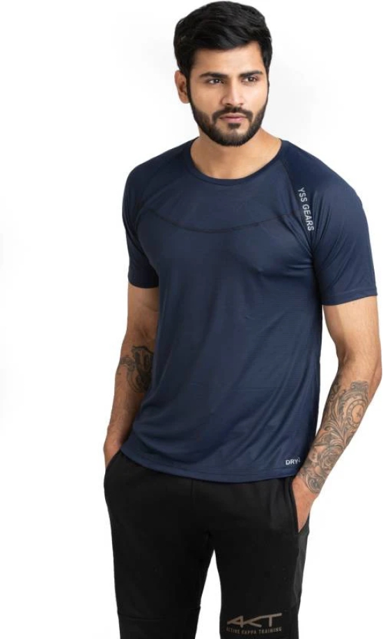 Men Solid Round Neck Polyester Blue T-Shirt