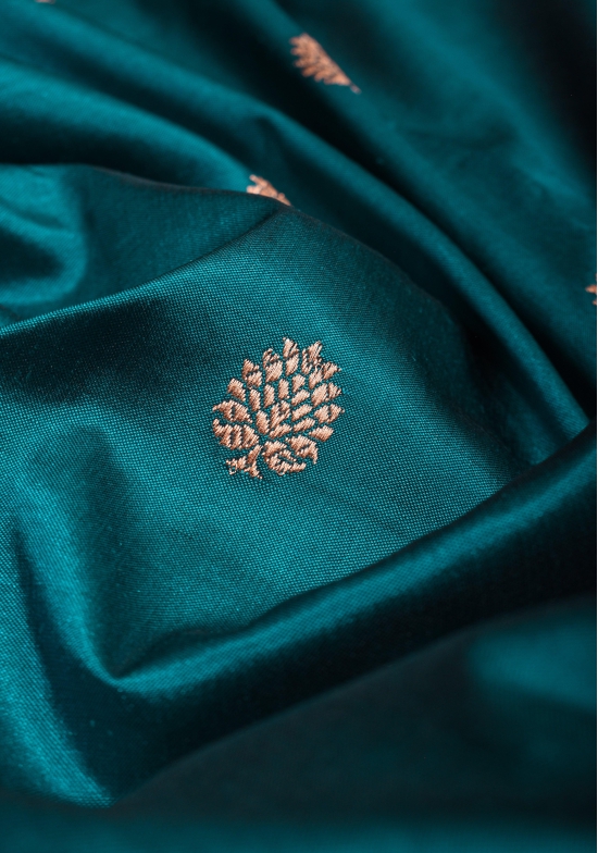 Teal Banarasi Pure Katan Silk Saree with Floral Meenakari Border and Butta | SILK MARK CERTIFIED