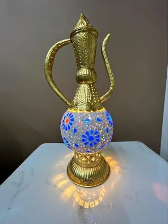 Aarna Creations Metal Mosaic Lamp in Surai Style| Hand-Carved Antique Metal and Ceramic Designer Lamp | Assorted Artistic Metal Ceramic with Glass Work Lamp in Jug Shape