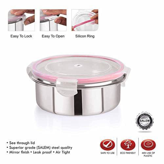 Entisia Stainless Steel Click & Seal Food Container 1 Pc Multipurpose Leakproof Tiffin Container Box with Lid, Air Tight Food Container Use for Home Kitchen, Travel, School 500ml