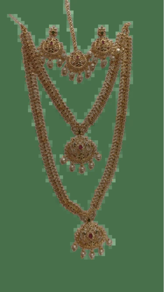  Bridal Gold Plated Haram Necklace Set With Earrings and Maang Tikka