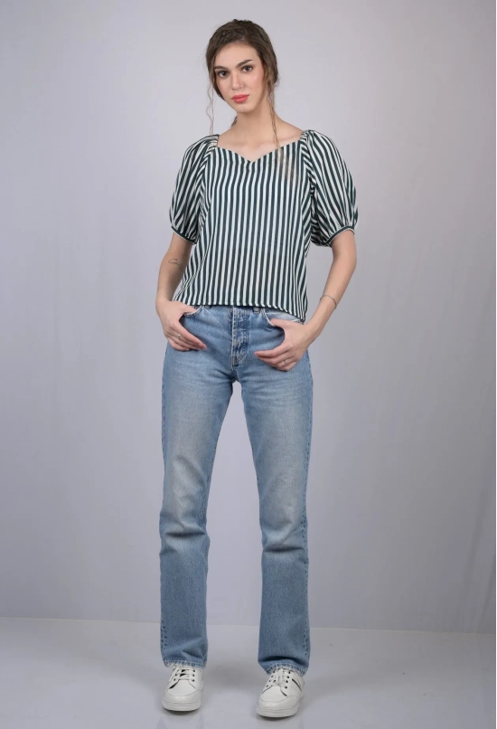 White and Green Striped Relaxed Fit V-Neckline Top (OTL-TPS1020)-Blue / S