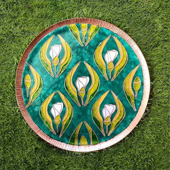 Copper Enamel Wall Plate Gardens of Vishwakarma, Greens-Wildflower by Ekibeki-Medium