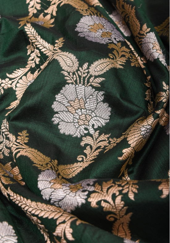 Exquisite Floral Alfi Jaal Brocade Banarasi Katan Silk Saree in Bottle Green | SILK MARK CERTIFIED