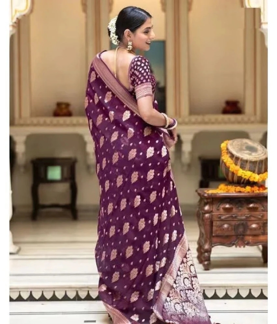 JULEE Silk Blend Embellished Saree With Blouse Piece - Purple ( Pack of 1 ) - Purple