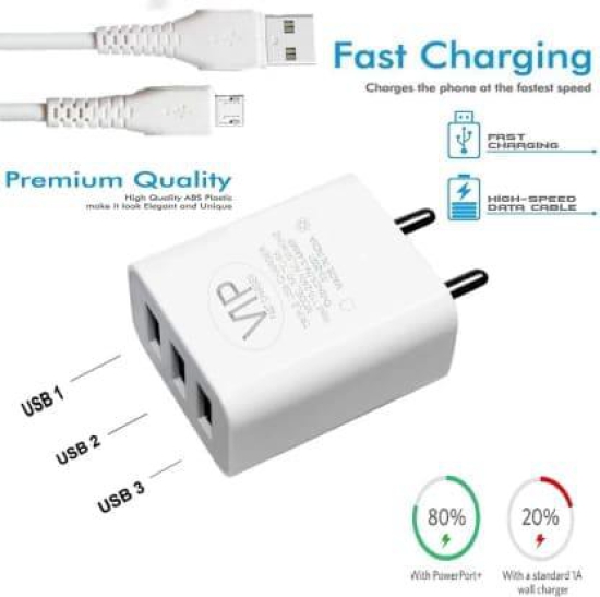 VIP USB CHARGER 3 PORT WITH MICRO USB CHARGING CABLE 3.4A TC-65