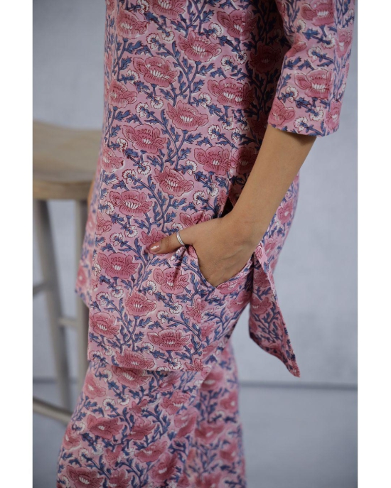 Pink and blue handblock print Loungewear set-XXL