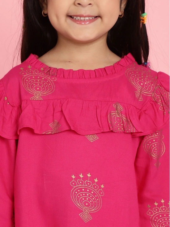 MINI & MING Girls Floral Printed Round Neck Bell Sleeves Pleated A-Line Top