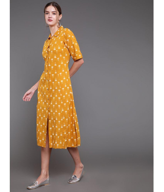 Antaran Cotton Printed Midi Women''s Shirt Dress - Yellow ( Pack of 1 ) - None