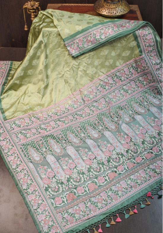 Pure Banarasi Satin Silk Saree with Meenakari Motifs in shades of Green| SILK MARK CERTIFIED