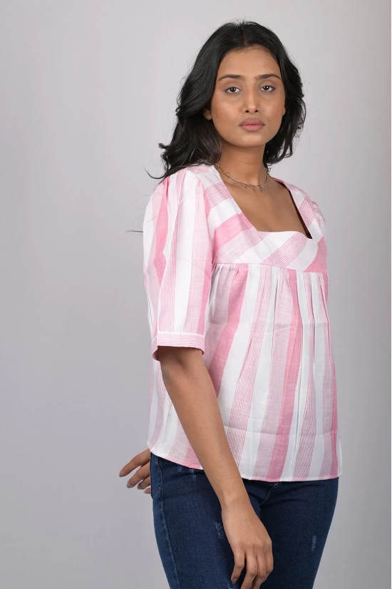 Top for women stylish and trending printed Cotton Light Pink Striped Top With Square Neck (OTL-TPS1075)-Pink / L