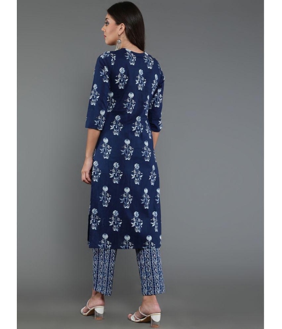 Antaran Cotton Blend Printed Kurti With Pants Womens Stitched Salwar Suit - Blue ( Pack of 1 ) - None