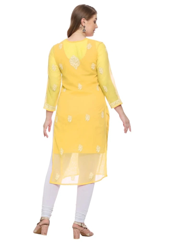 Lavangi Women Lucknow Chikankari Yellow Georgette Kurti with Matching Cotton Inner