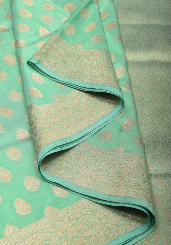 Banarasi Katan Silk Saree in Mint Green and Gold with Zari Motifs | SILK MARK CERTIFIED