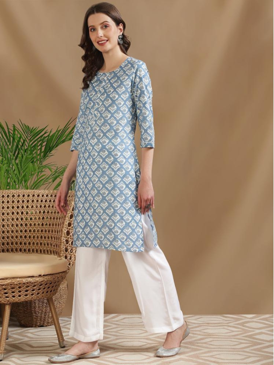 Rangita Women Cotton Blue Printed Knee Length Straight Kurti - None