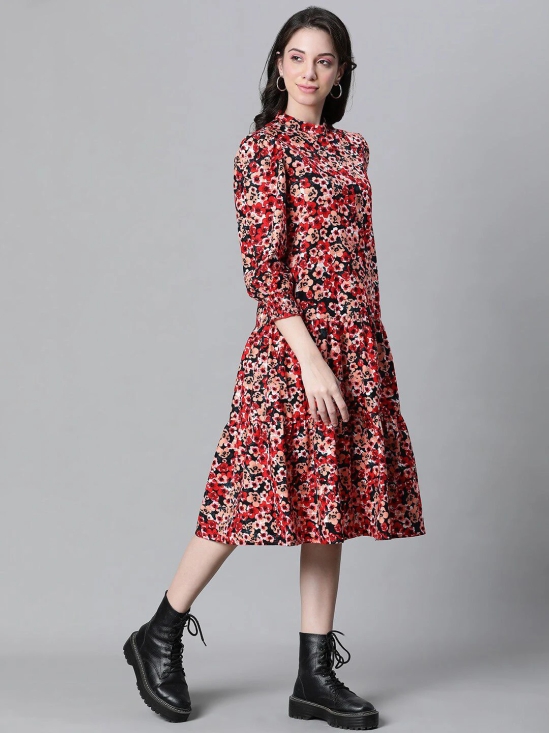 Oxolloxo Floral Printed Mandarin Collar Puff Sleeves Pure Cotton Shirt Midi Dress