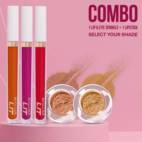 MyGlamm Combo of LIT Lip & Eye Sparkles + LIT Liquid Matte Lipstick | Highly Concentrated Loose Shimmer Pigment & Smudge-proof, Matte Finish Lipstick