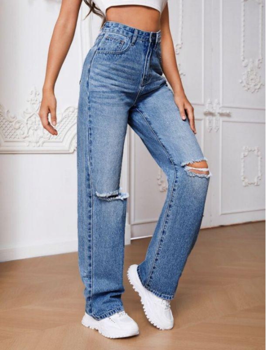 High Waist Knee Cut Jeans - Medium Blue-34