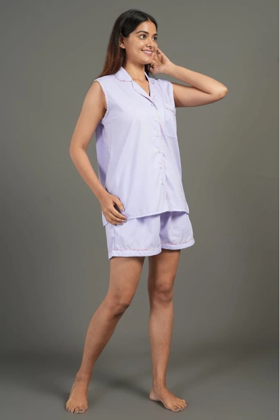 BREATHABLES Women Cotton Nightsuit Shirt and Shorts Co-ord Set Sleeveless Notched Collar Comfort Loose Fit Lavender(Night Wear | Co-ord set | Lounge Wear Set)