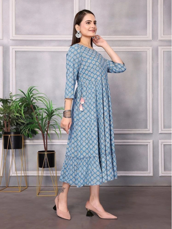 Rangita Women Rayon Light Blue Embellished Calf Length Anarkali Kurti - None