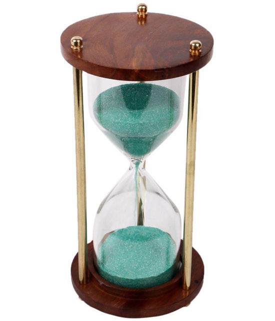 HOMETALES - Brass and Wood Green Sand Timer Showpiece 14 cm