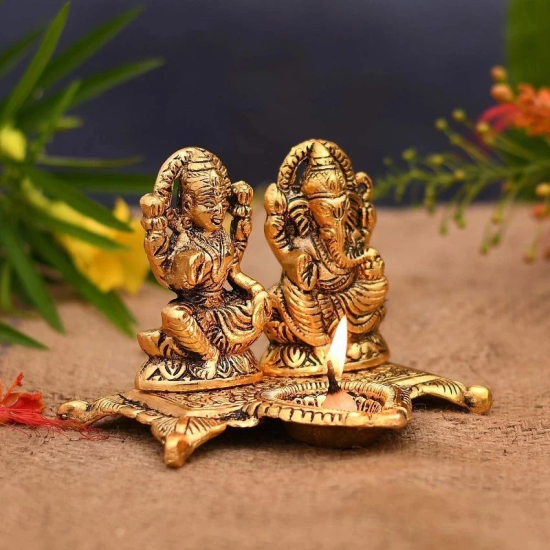 Metal Gold Plated Laxmi Ganesh Chowki Diya God Idol (Gold, 15X10X12 cm)