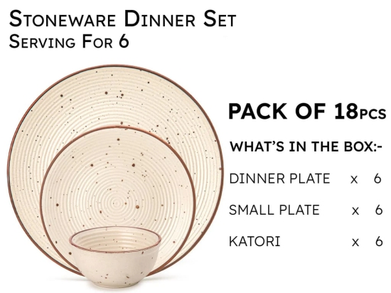 Reactive Handcrafted Premium Ceramic Dinner Set | 6 Dinner Plates, 6 Quarter Plates, and 6 Small Dinner Bowl | Stoneware | Microwave and Dishwasher Safe | Pack of 18 | Beige