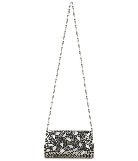 Anekaant Silver Metal Box Clutch - Silver