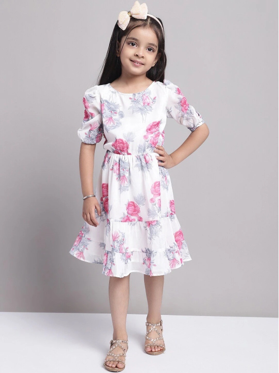 MINI & MING Girls Floral Print Puff Sleeve Georgette Fit & Flare Dress