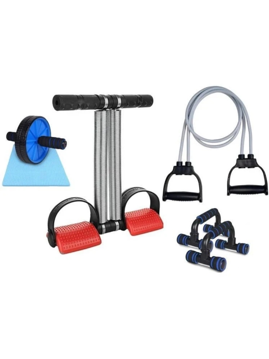 HORSE FIT Double Spring Tummy Trimmer, Double Wheel Ab Roller, Push Up Bar and Double Toning Resistance Tube Home Gym Exercise Equipment for Men & Women Best Fitness Combo - Red