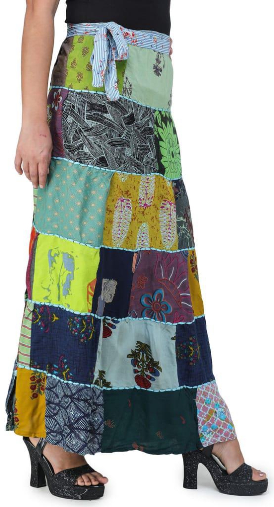 Blue-Elixir Printed Long Boho Wrap-On Long Skirt from Gujarat with Patch Work