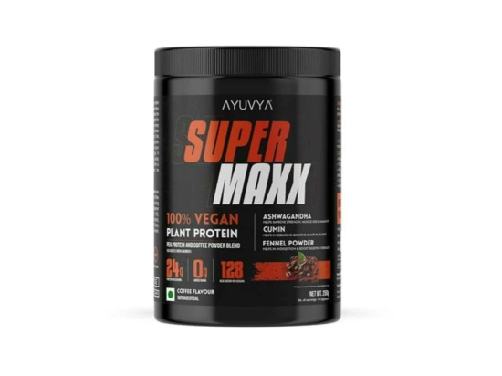 Ayuvya Super Maxx Ayurvedic Plant Protein || Elevate Your Fitness Journey | 100% Ayurvedic Ingredients for Muscle Growth, Recovery, and Overall Well-Being | Coffee Flavoured l 24gms Protein per Serving, 250gm