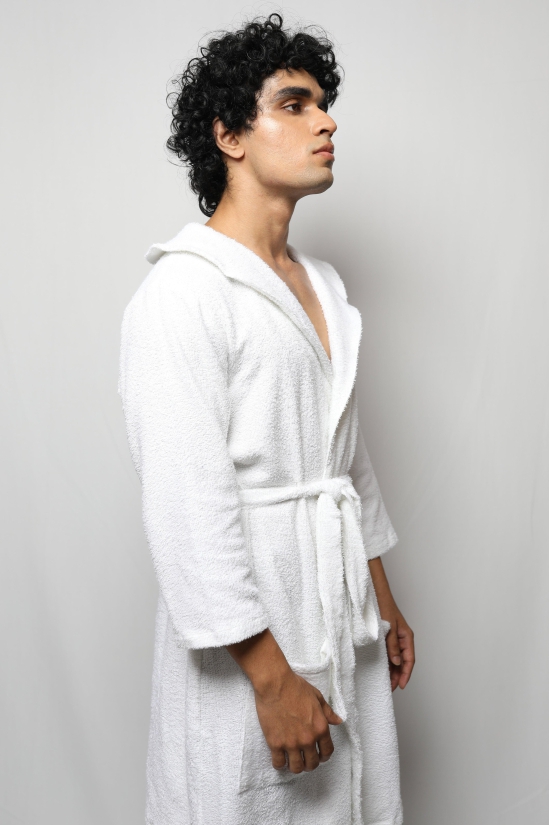 Towel material bathrobe - knee length-White / XXL