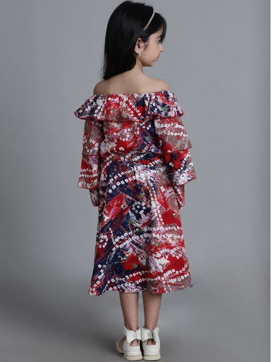 MINI & MING Girls Abstract Printed Off-Shoulder Crepe Layered A-Line Midi Dress