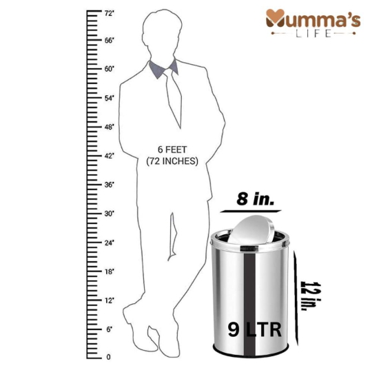 Mumma's LIFE Stainless Steel Swing Dust Bin with Lid| Garbage Bin, Trash Can for Home, Kitchen, Washroom, Bathroom and Offices (Swing Bin 8 * 12inch 09LTR)