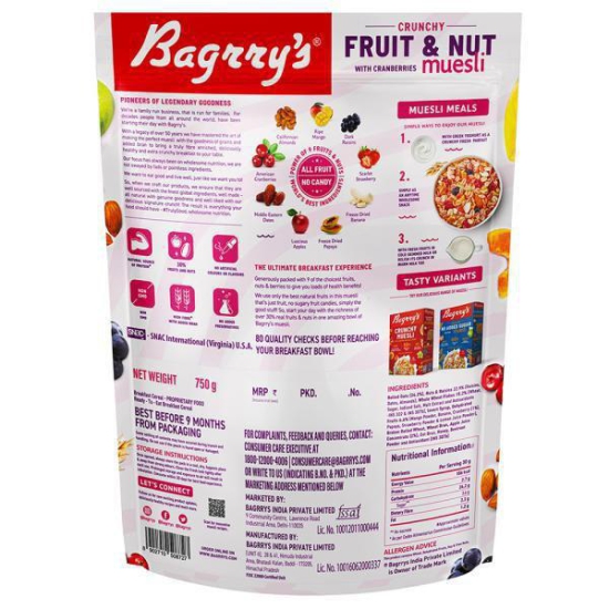 Bagrry's Fruit and Nut Crunchy Muesli With Cranberries 750 Gms