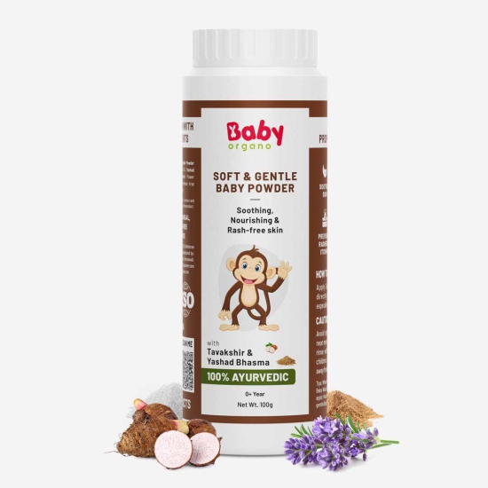 BabyOrgano Soft & Gentle Baby Powder | Contains Tavakshir, Yashad Bhasma, Sankhjiru Ayurvedic Ingredients | 100% Ayurvedic