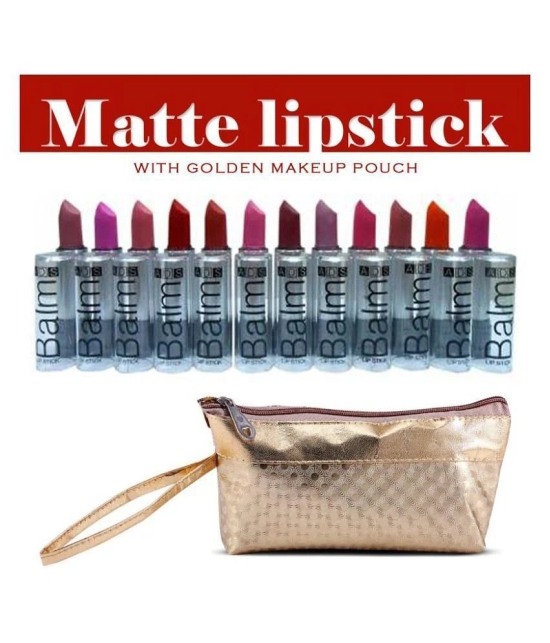 ADS Matte Pack of 12 Multicolor Lipstick & Gold Makeup Pouch Multi 195 g