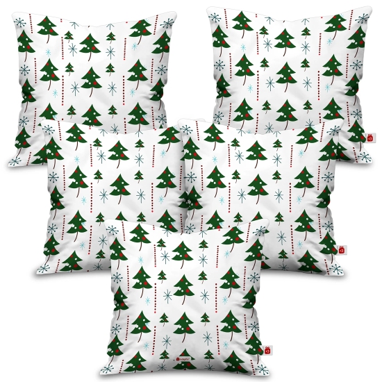 Indigifts Christmas Gifts Xmas Trees in a Unique Seamless Pattern Printed White Set of 5 Cushion Cover 16x16 inches - Christmas Cushion, Christmas Decorations for House, Xmas Decorations