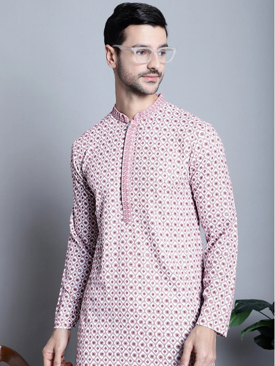 Mens Chikankari Embroidered Kurta Only-L / Pink