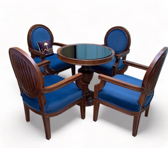 Wooden Twist Winsome Round Teak Wood 4 Seater Dining Table Set-Blue