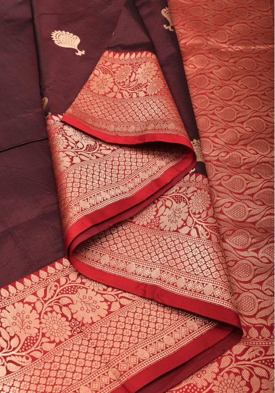 Banarasi Katan Silk Saree in Brown & Red with Damask Motifs | SILK MARK CERTIFIED