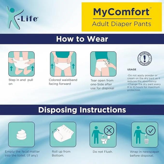 K-life Premium Anti-Bacterial 4layer Absorption Unisex Pant Style Adult Diapers | Pack of 1 | 10 Count | Extra Large (Waist Size 38-65 inch |96-165 cm)